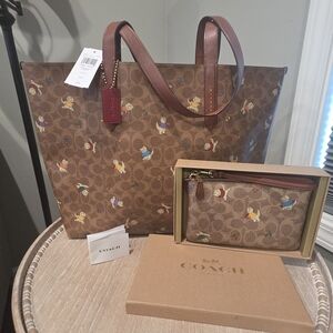 NWT Coach Multicolor Brown Signature Kittens Tote & Wristlet Set